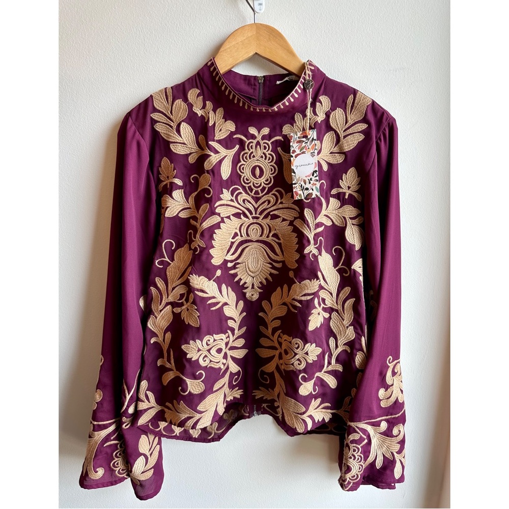 NWT- Gimmicks Floral Embroidered Top - Burgundy and Gold - SZ Large
